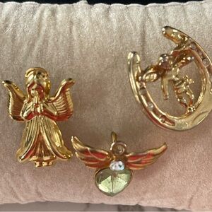 Gold Tone Angel and horseshoe pin Jewelry Set of three